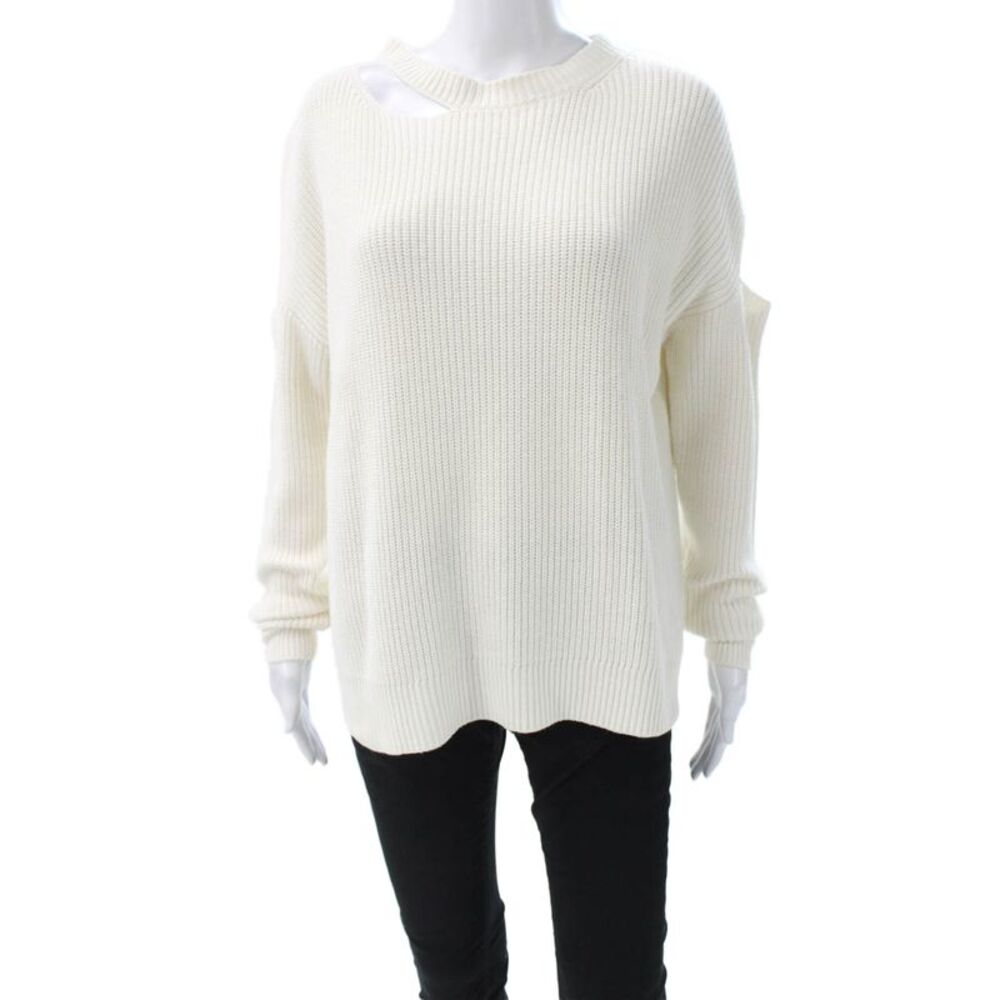 Andrea Jovine Women White Cotton Blend Crew Neck Pullover Sweater Size S